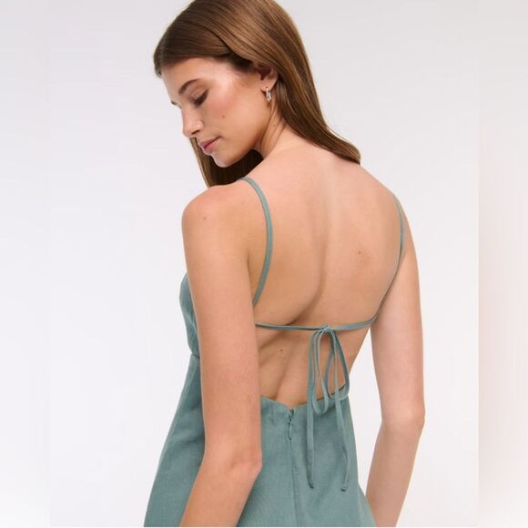 ABERCROMBIE & FITCH Linen Cutout Midi Dress Deep Sage SIZE XL - Picture 7 of 11